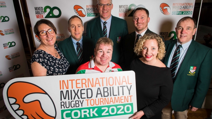 IMART Team Members - Annette Cullen, Alan Craughwell, Liam Maher, Diarmaid Hallissey, Sean Loftus, James Healy, Ruth Fuller at the launch of  launch IMART 2020 (International Mixed Ability Rugby 2020) and MAW 20 (Mixed Ability Week 20). 

Photo Joleen Cronin